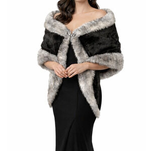 Caracilia Wrap Black Satin Faux Fur Snap Close Evening Wear Shawl Stole Snap Clo